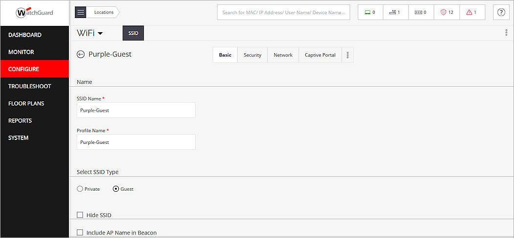 Screenshot of the SSID configuration page